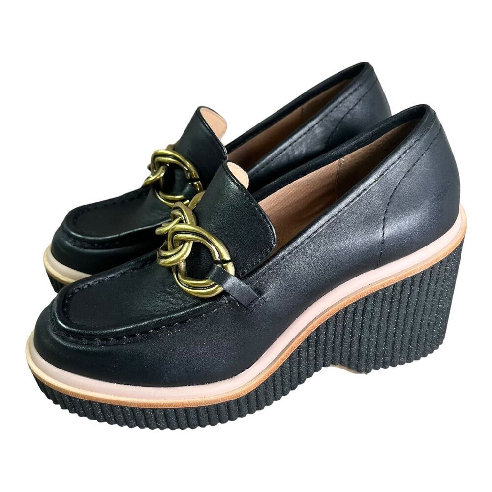 DOLCE VITA Women's Brenan Wedges Black Leather Chain Loafer Sz 6.5 Platform - Picture 5 of 10